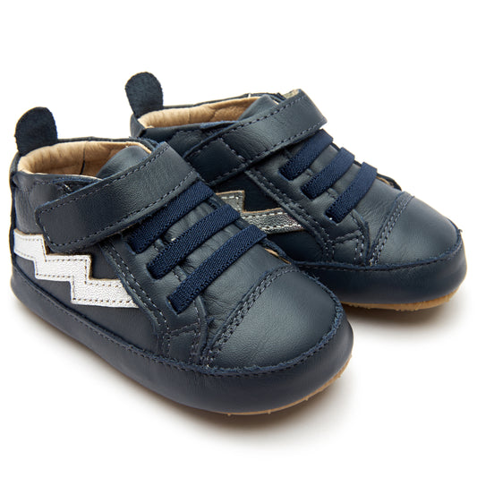 Old Soles 0052R Bolted Baby baby leather shoe in Navy and Silver with classic detail