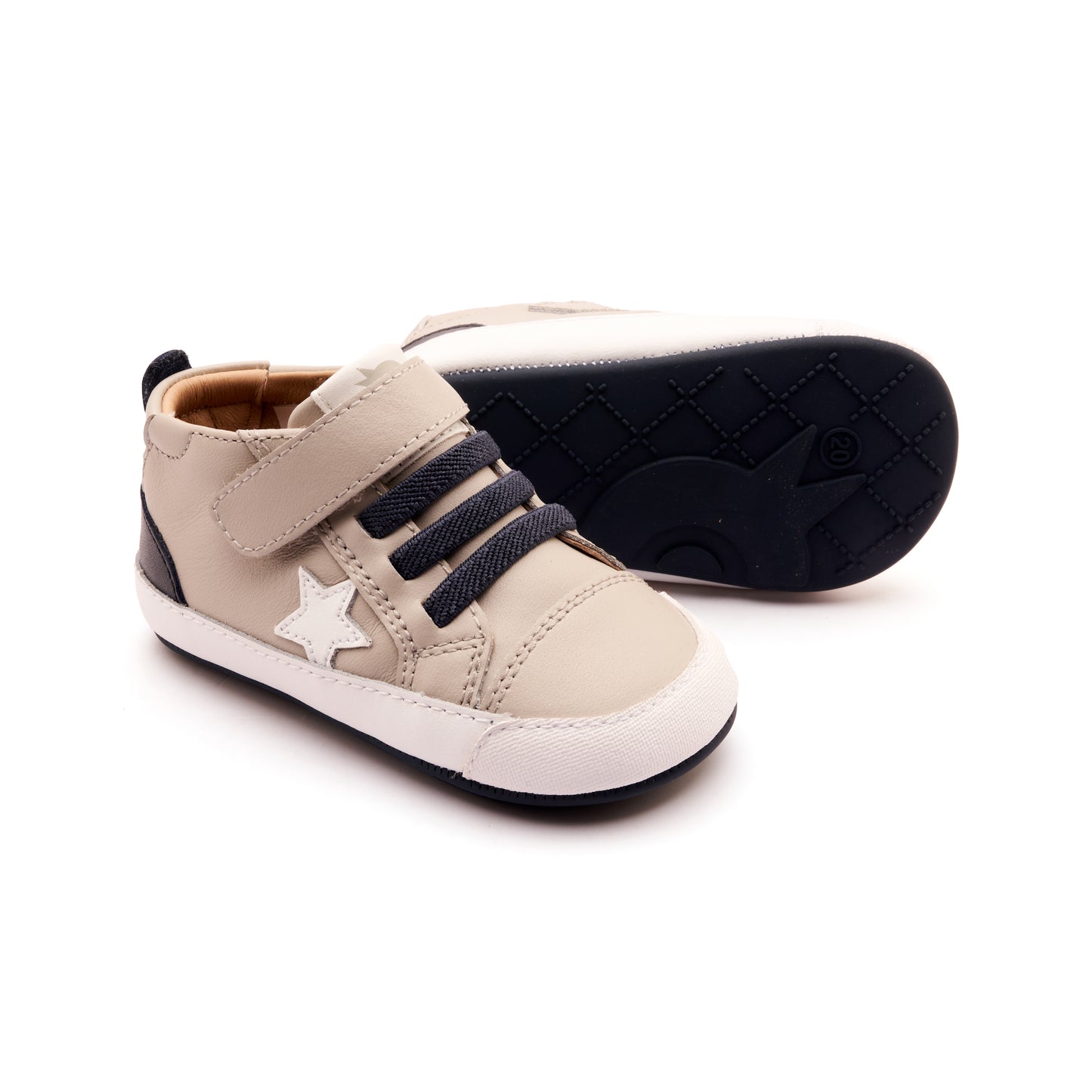 Old Soles 0085RT Platinum Bub kids leather sneaker in Snow, Navy, and Navy with star detail