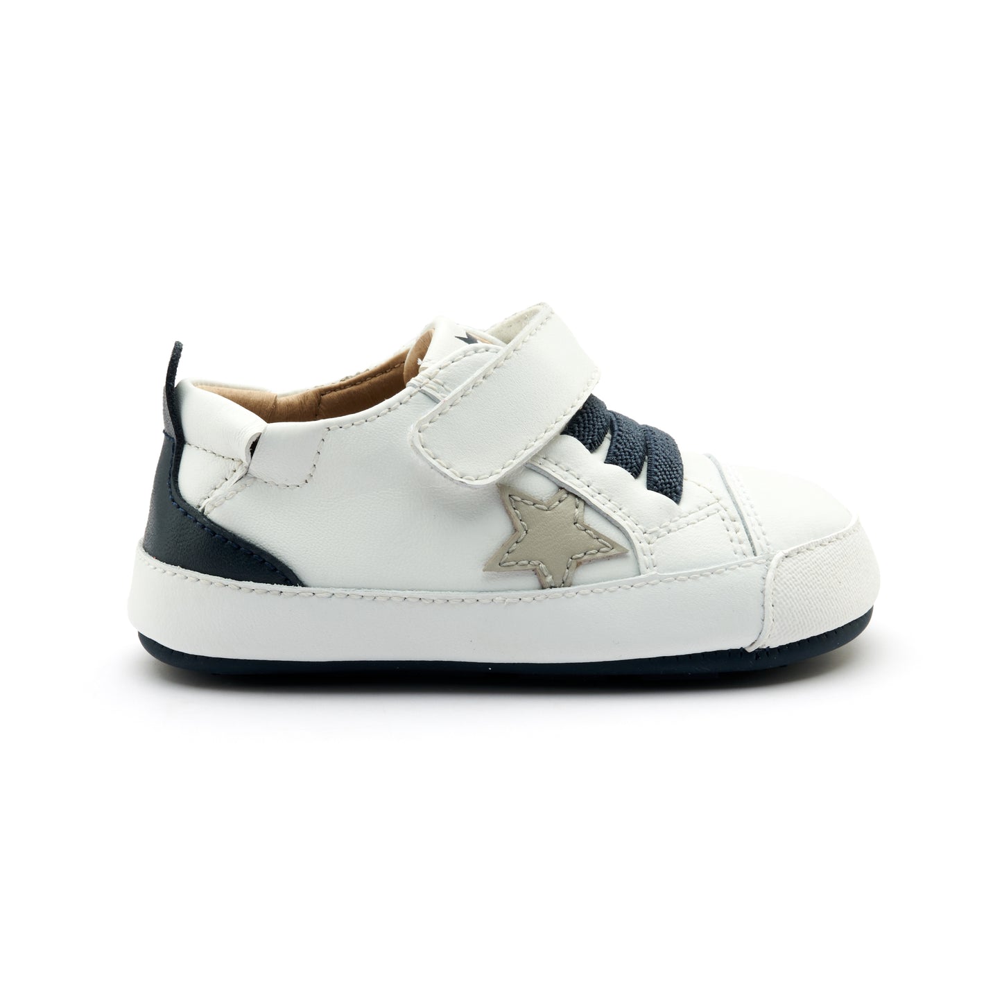 Old Soles 0085RT Platinum Bub kids leather sneaker in Snow, Gris, and Navy with star detail