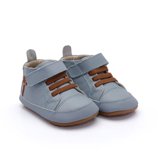 Old Soles 0112RT Dash Baby kids leather sneaker in Dusty Blue and Tan with sporty detail