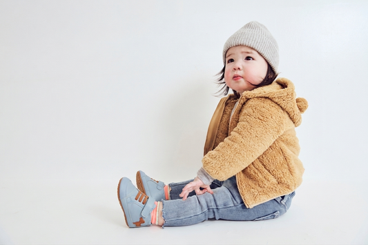 Old Soles 0112RT Dash Baby kids leather sneaker in Dusty Blue and Tan with sporty detail