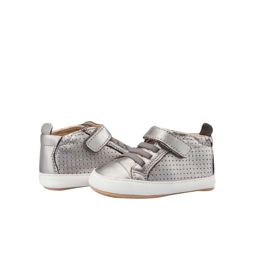 Old Soles 074R Cheer Bambini baby leather shoe in Rich Silver and Snow with classic detail