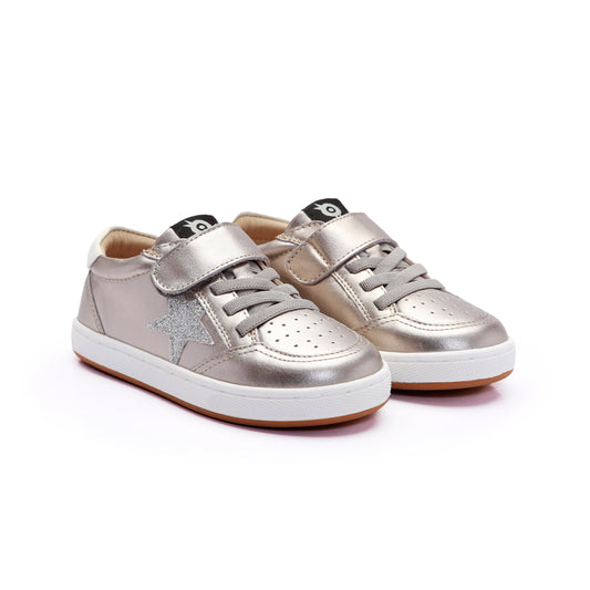 Old Soles 1006S Platinum Runner kids leather sneaker in Millet Gold, Glam Argent, and White with star detail