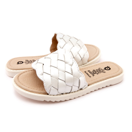Old Soles 7035 Puff Slide kids leather sandal in Nacardo Blanco with puff detail