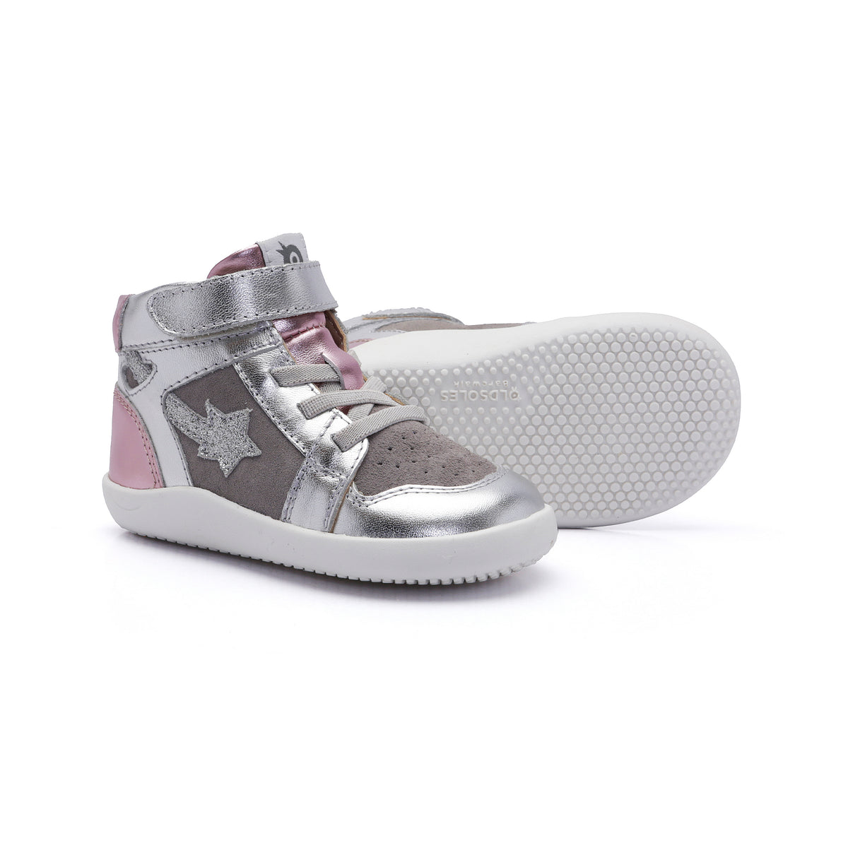 Old Soles 8015 Galaxy kids leather sneaker in Silver, Grey Suede, and Pink Frost with classic detail