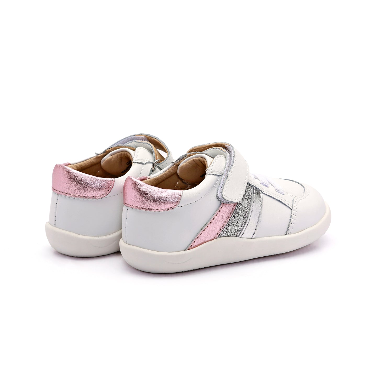 Old Soles 8085 Sun Ray Ground kids leather shoe in Snow and Pink Frost and Glam Argent and Silver with rubber sole detail