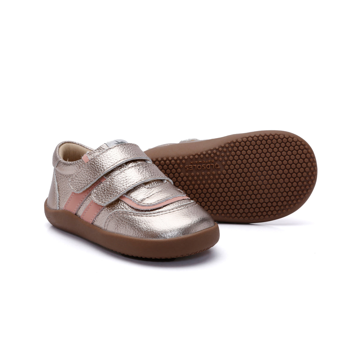 Old Soles 8087 Crunchy Ground kids leather sneaker in Metal Lychee and Pearlised Pink with classic detail