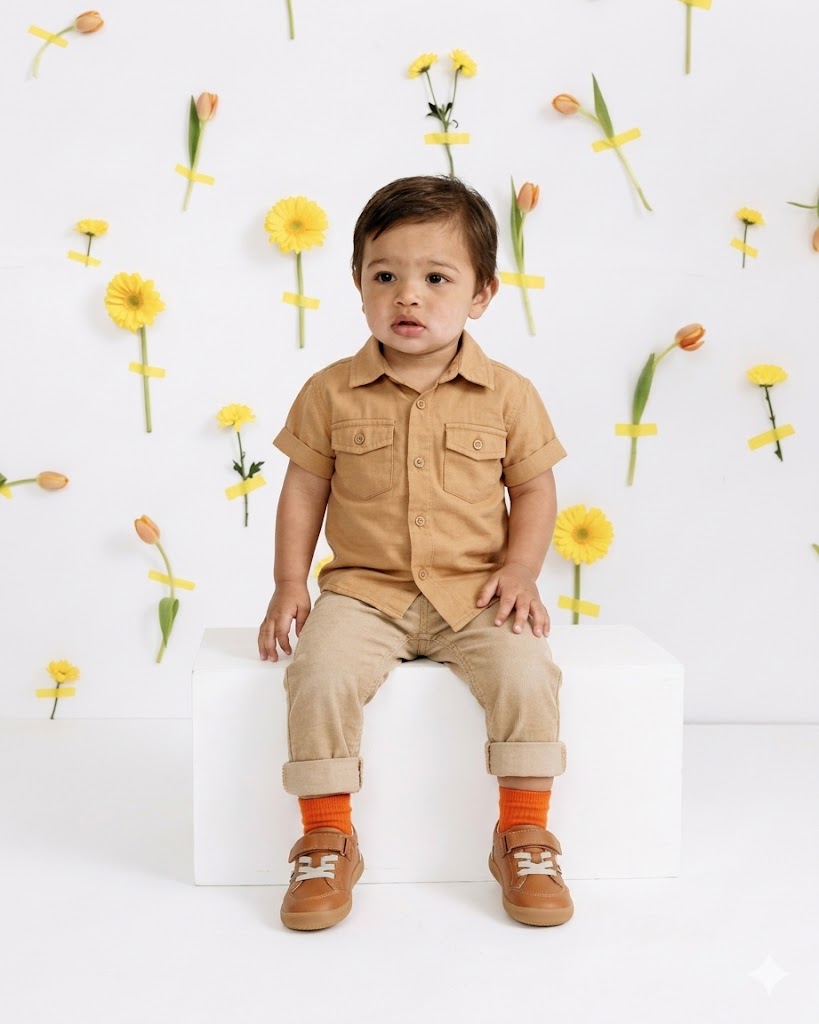 Old Soles 8089 Dash Ground kids leather shoe in Tan and Gris with rubber sole detail