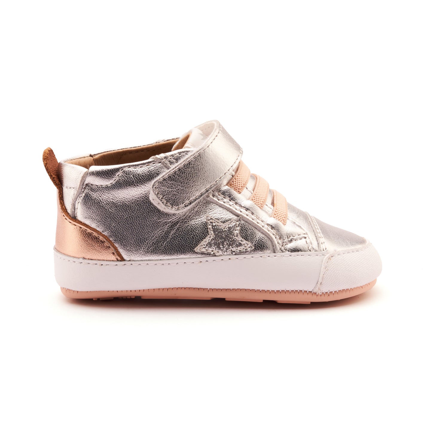 Old Soles 0085RT Platinum Bub kids leather sneaker in Silver, Copper, and Glam Argent with star detail