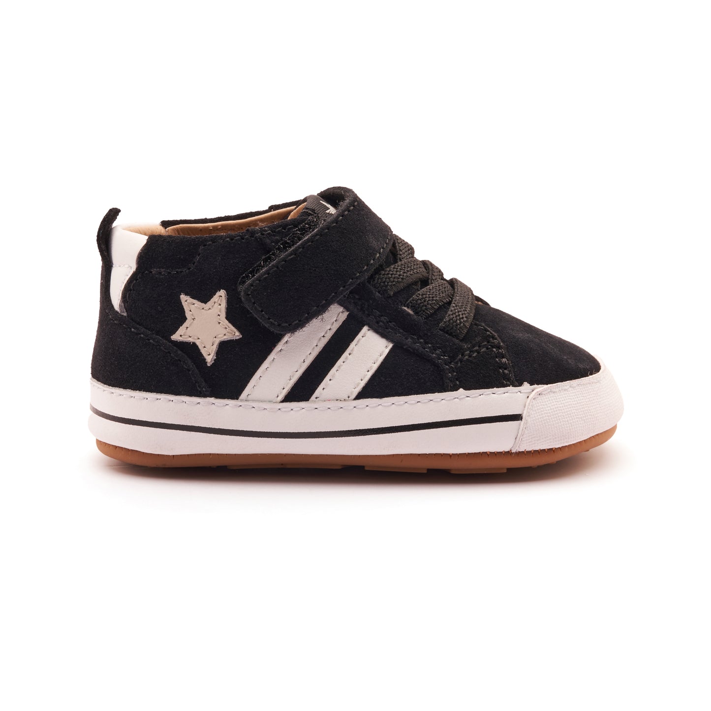 Old Soles 0094RT Spruce Bub baby leather shoe in Black Suede, Snow, and Sporco with classic detail