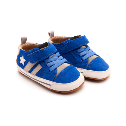 Old Soles 0098RT Wos Baby baby leather shoe in Neon Blue Suede, Snow, and Gris with sporty detail