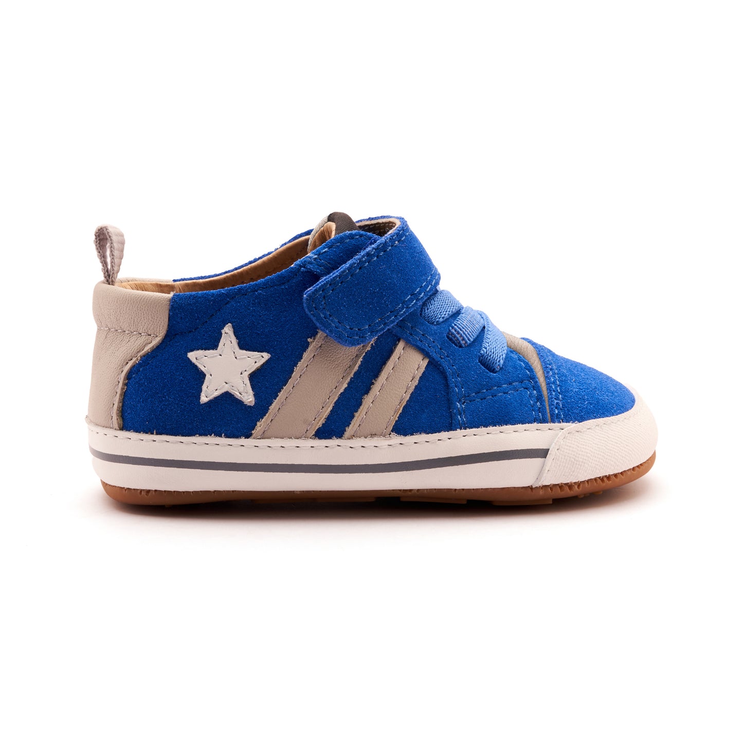 Old Soles 0098RT Wos Baby baby leather shoe in Neon Blue Suede, Snow, and Gris with sporty detail