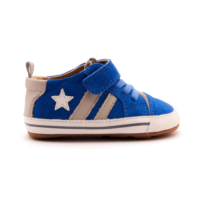 Old Soles 0098RT Wos Baby baby leather shoe in Neon Blue Suede, Snow, and Gris with sporty detail