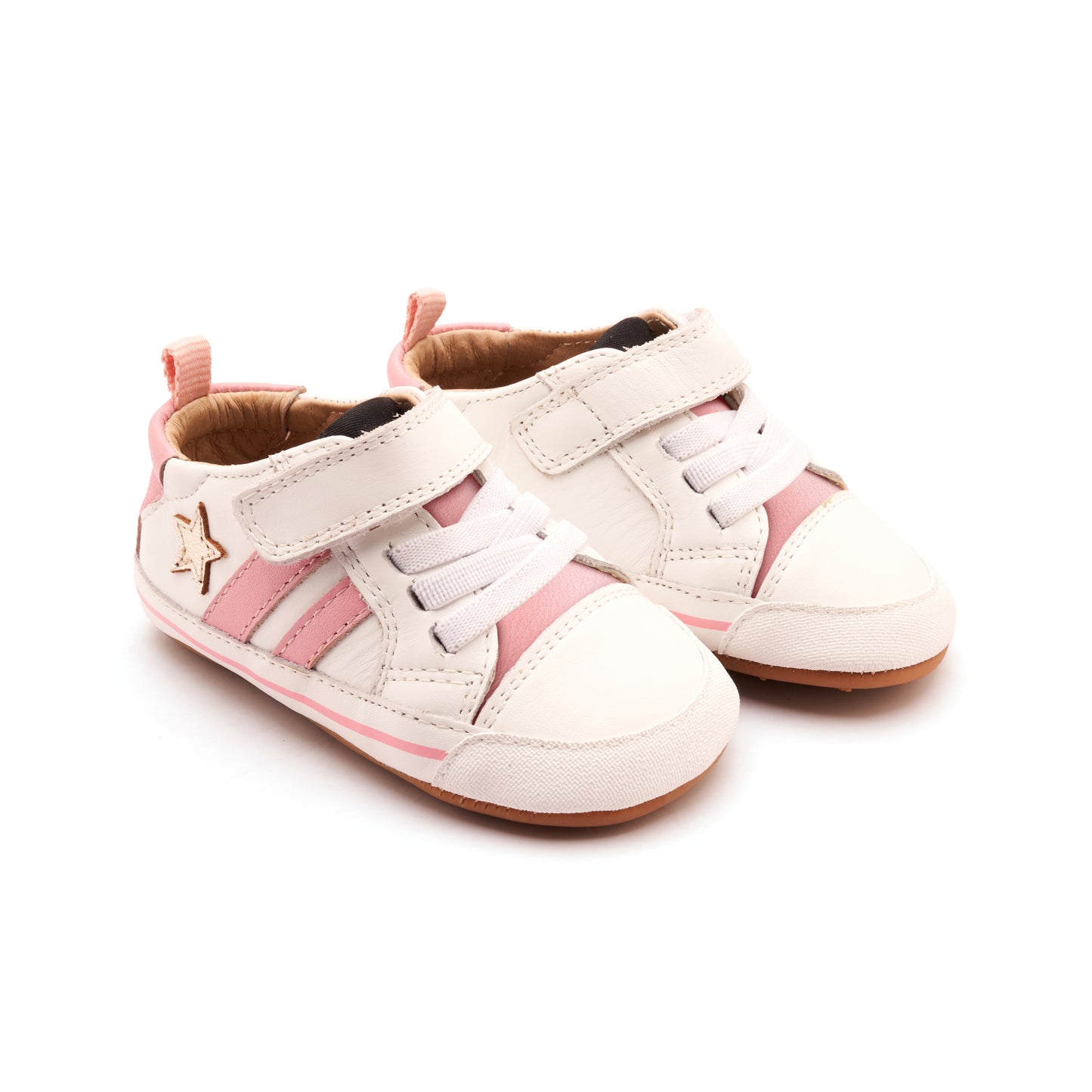 Old Soles 0098RT Wos Baby baby leather shoe in Snow, Gold, and Pearlised Pink with sporty detail