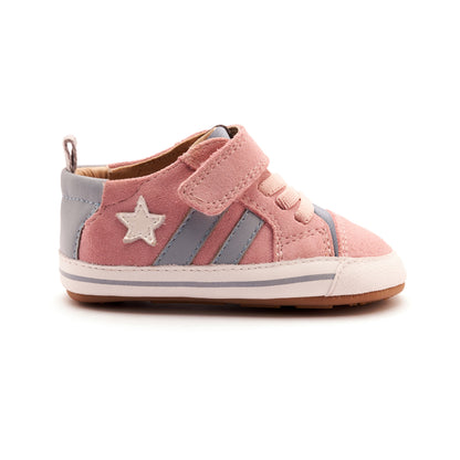 Old Soles 0098RT Wos Baby baby leather shoe in Soft Pink Suede, Nacardo Blanco, and Dusty Blue with sporty detail