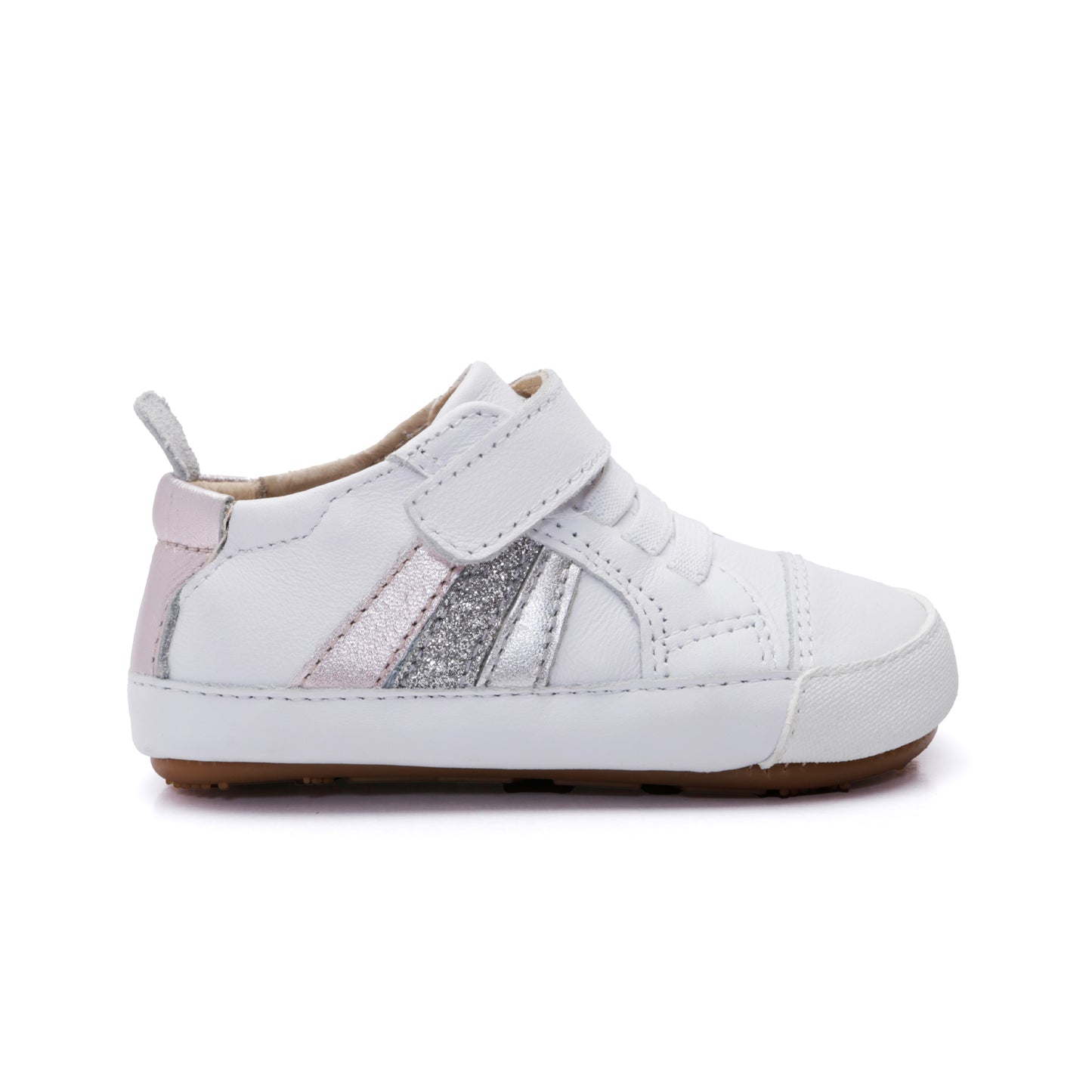 Old Soles 0113RT Sunray Bub baby leather shoe in Snow and Pink Frost and Glam Argent and Silver with sunray detail