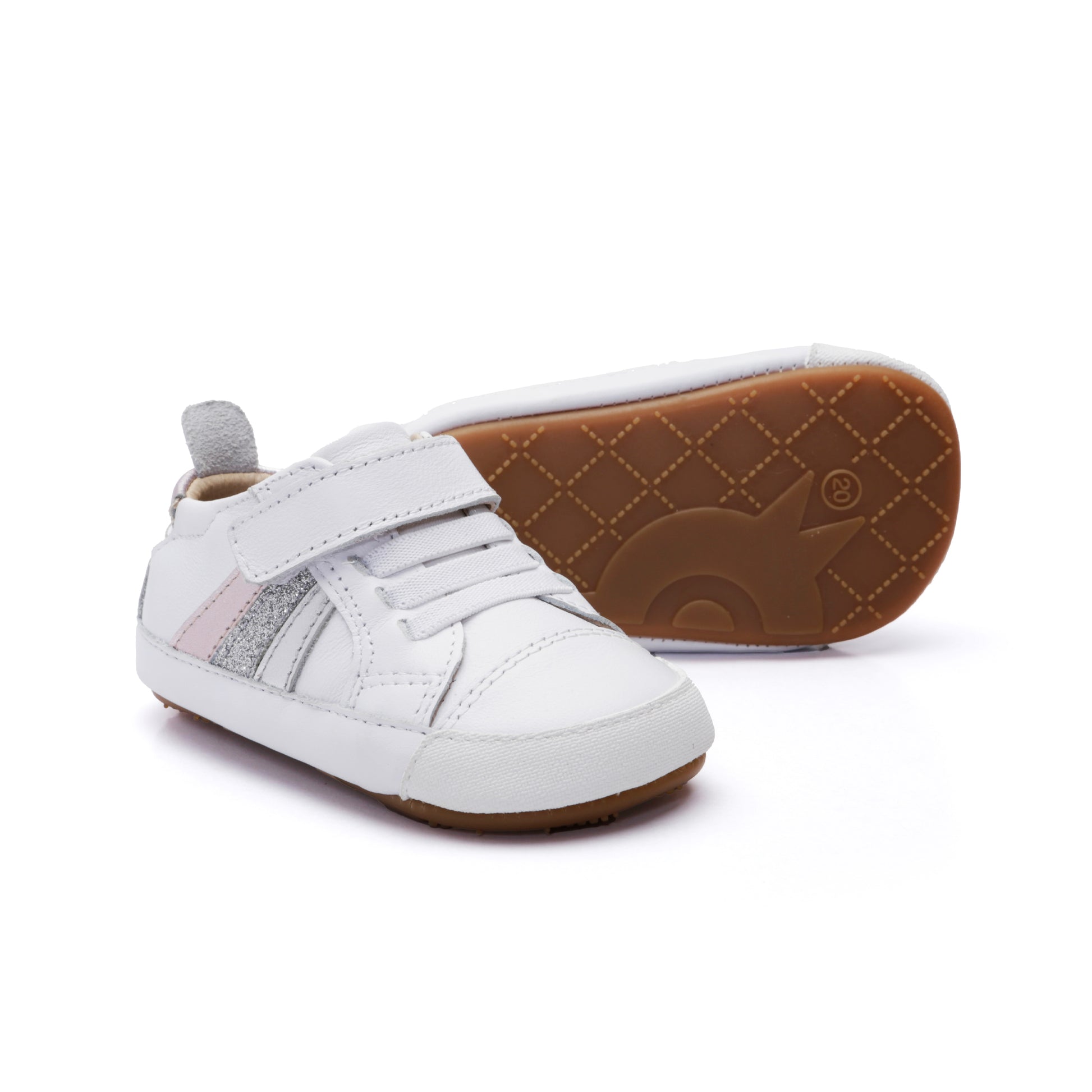Old Soles 0113RT Sunray Bub baby leather shoe in Snow and Pink Frost and Glam Argent and Silver with sunray detail