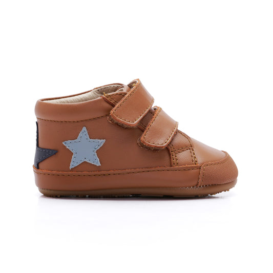 Old Soles 0116RT Bopstar baby leather shoe in Tan, Navy and Dusty Blue with classic detail
