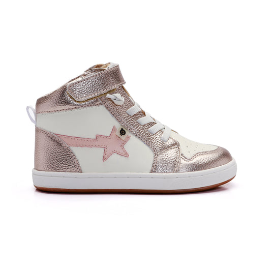 Old Soles 1007 Team-Star kids leather shoe in White Metal Lychee and Pearlised Pink