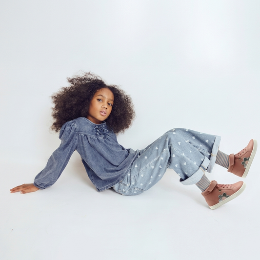 Old Soles 1064 Sole Base Flower kids leather shoe in Kiss and Silver and Powder Pink with floral detail