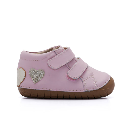 Old Soles 4144 Heartful kids leather shoe in Chalk Pink, Gold, and Glam Gold with pave detail