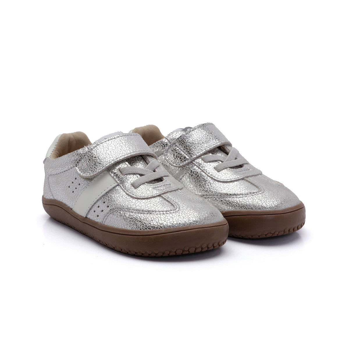 Old Soles 6500 Stylin Barewalk kids leather sneaker in Silver Crackle and White with classic detail