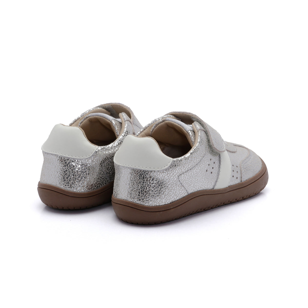 Old Soles 6500 Stylin Barewalk kids leather sneaker in Silver Crackle and White with classic detail