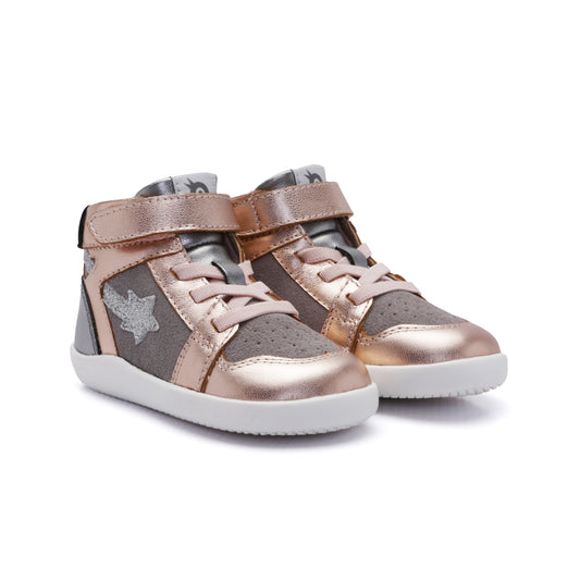 Old Soles 8015 Galaxy kids leather sneaker in Copper, Grey Suede, and Rich Silver with classic detail