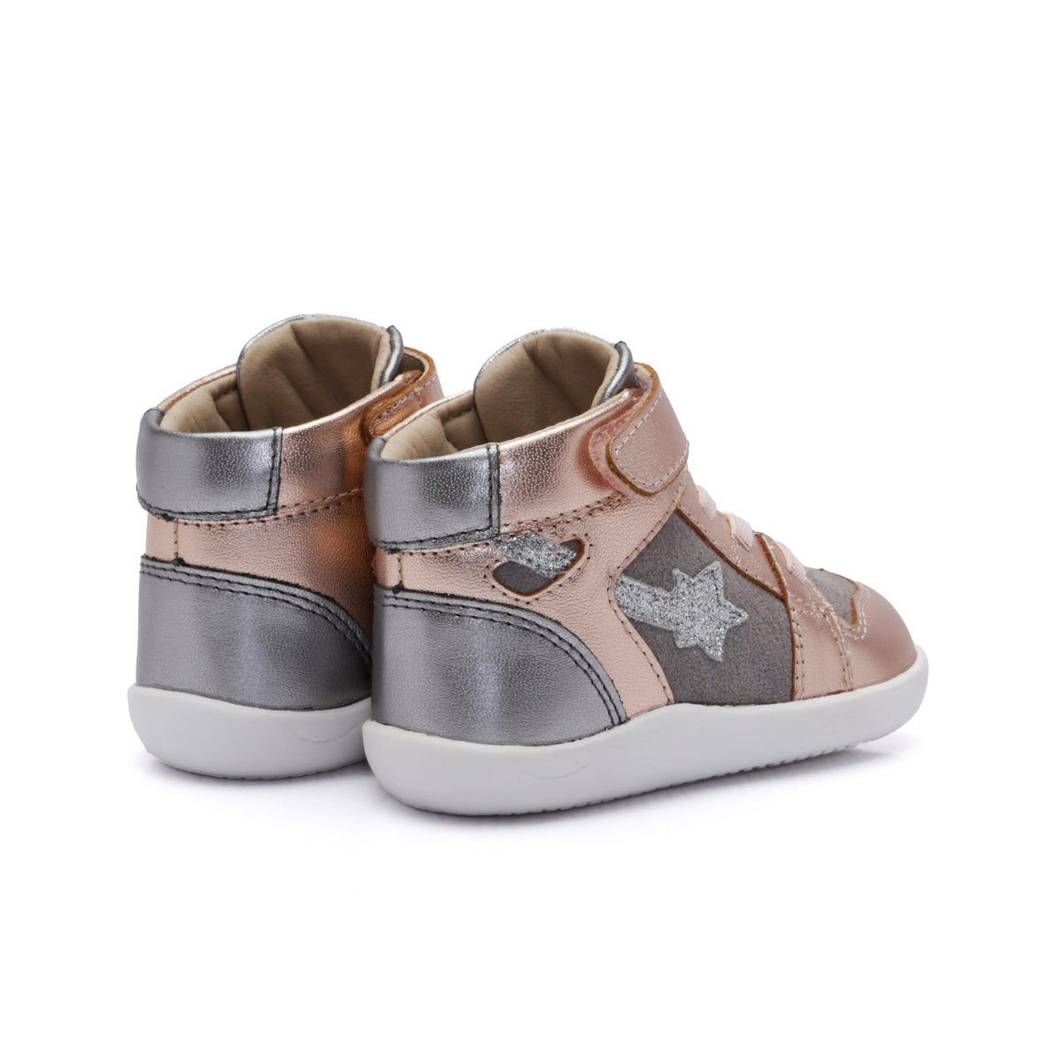 Old Soles 8015 Galaxy kids leather sneaker in Copper, Grey Suede, and Rich Silver with classic detail