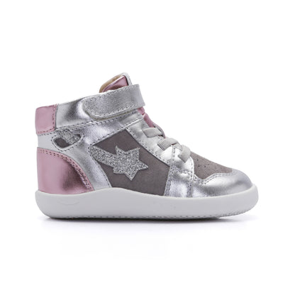 Old Soles 8015 Galaxy kids leather sneaker in Silver, Grey Suede, and Pink Frost with classic detail