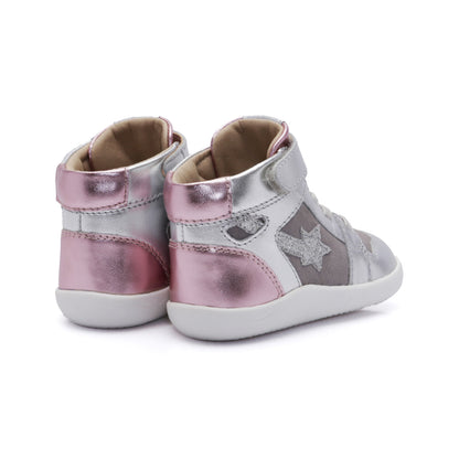 Old Soles 8015 Galaxy kids leather sneaker in Silver, Grey Suede, and Pink Frost with classic detail