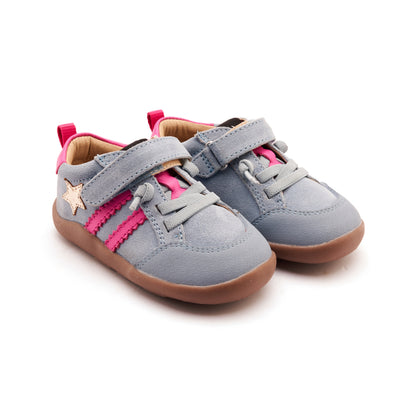 Old Soles 8072 Wos Ground kids leather shoe in Dusty Blue Suede, Gold, and Rosy with rubber sole detail