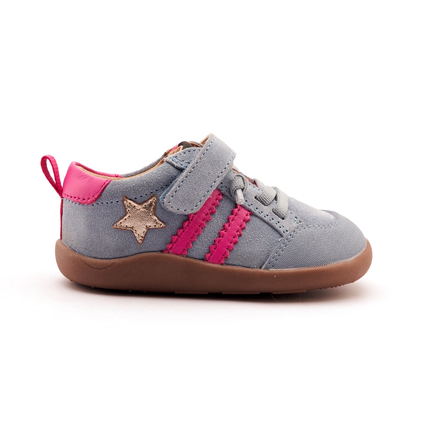 Old Soles 8072 Wos Ground kids leather shoe in Dusty Blue Suede, Gold, and Rosy with rubber sole detail