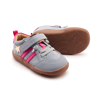 Old Soles 8072 Wos Ground kids leather shoe in Dusty Blue Suede, Gold, and Rosy with rubber sole detail