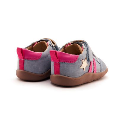 Old Soles 8072 Wos Ground kids leather shoe in Dusty Blue Suede, Gold, and Rosy with rubber sole detail