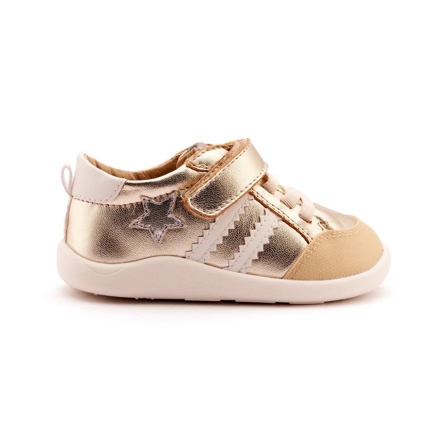 Old Soles 8072 Wos Ground kids leather shoe in Gold, Snow, and Silver with rubber sole detail