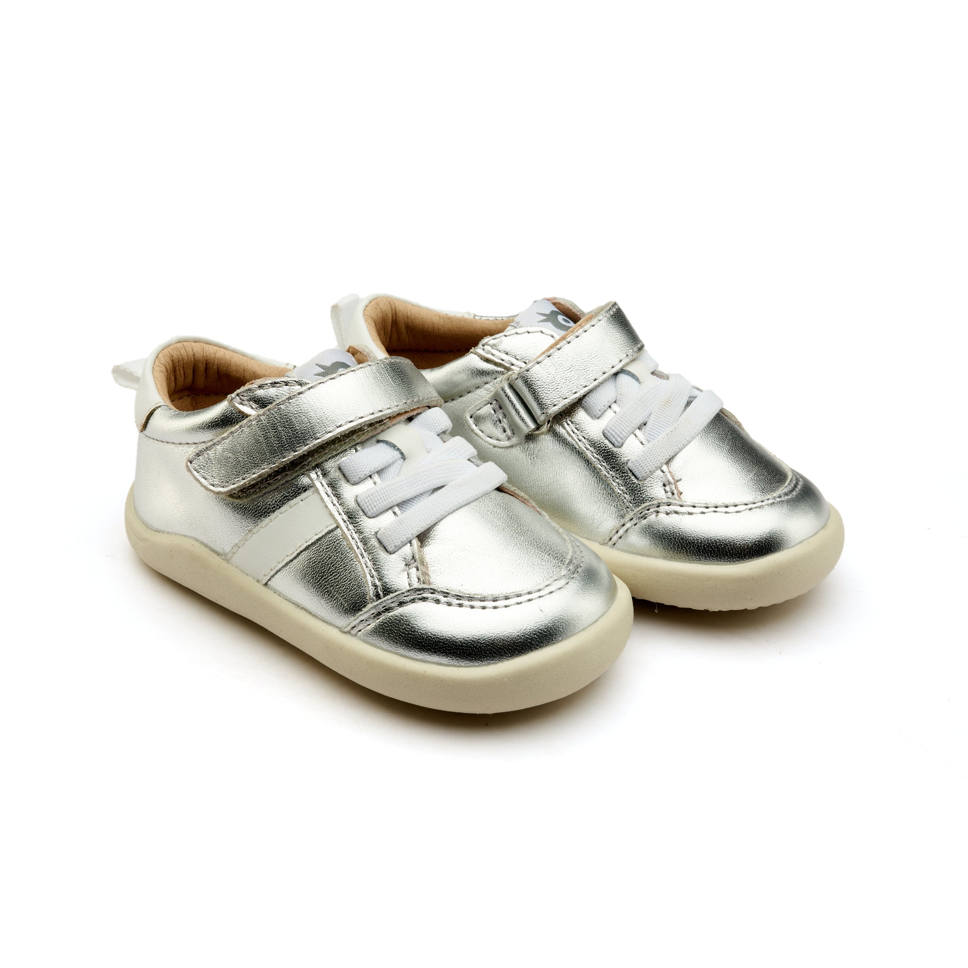 Old Soles 8083 Retro Ground kids leather shoe in Silver and Snow with rubber sole detail