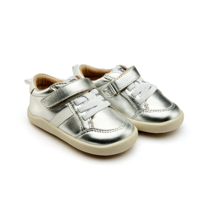 Old Soles 8083 Retro Ground kids leather shoe in Silver and Snow with rubber sole detail
