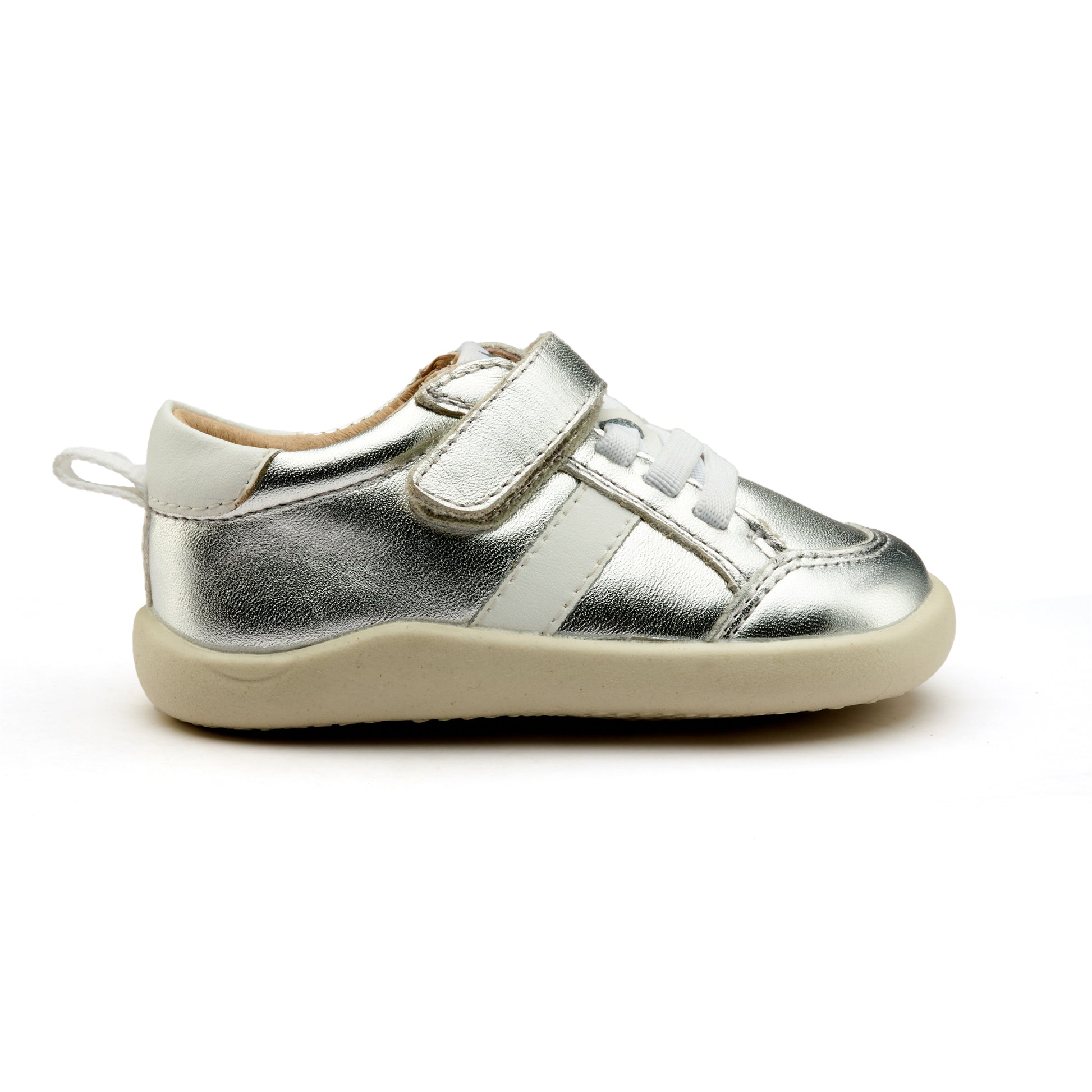 Old Soles 8083 Retro Ground kids leather shoe in Silver and Snow with rubber sole detail