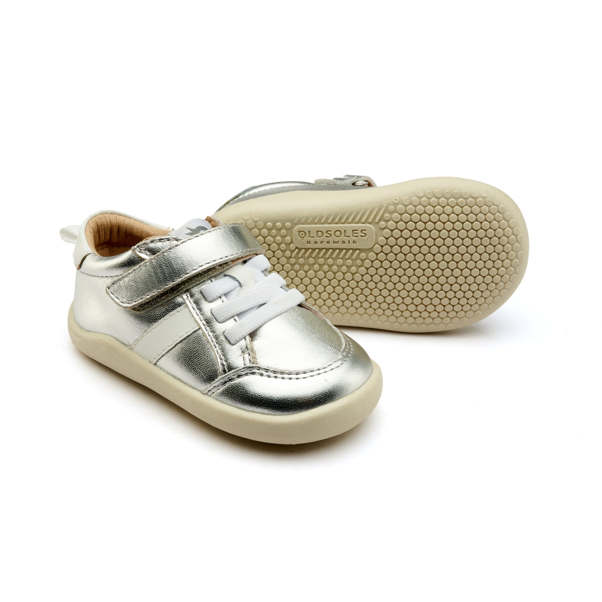 Old Soles 8083 Retro Ground kids leather shoe in Silver and Snow with rubber sole detail