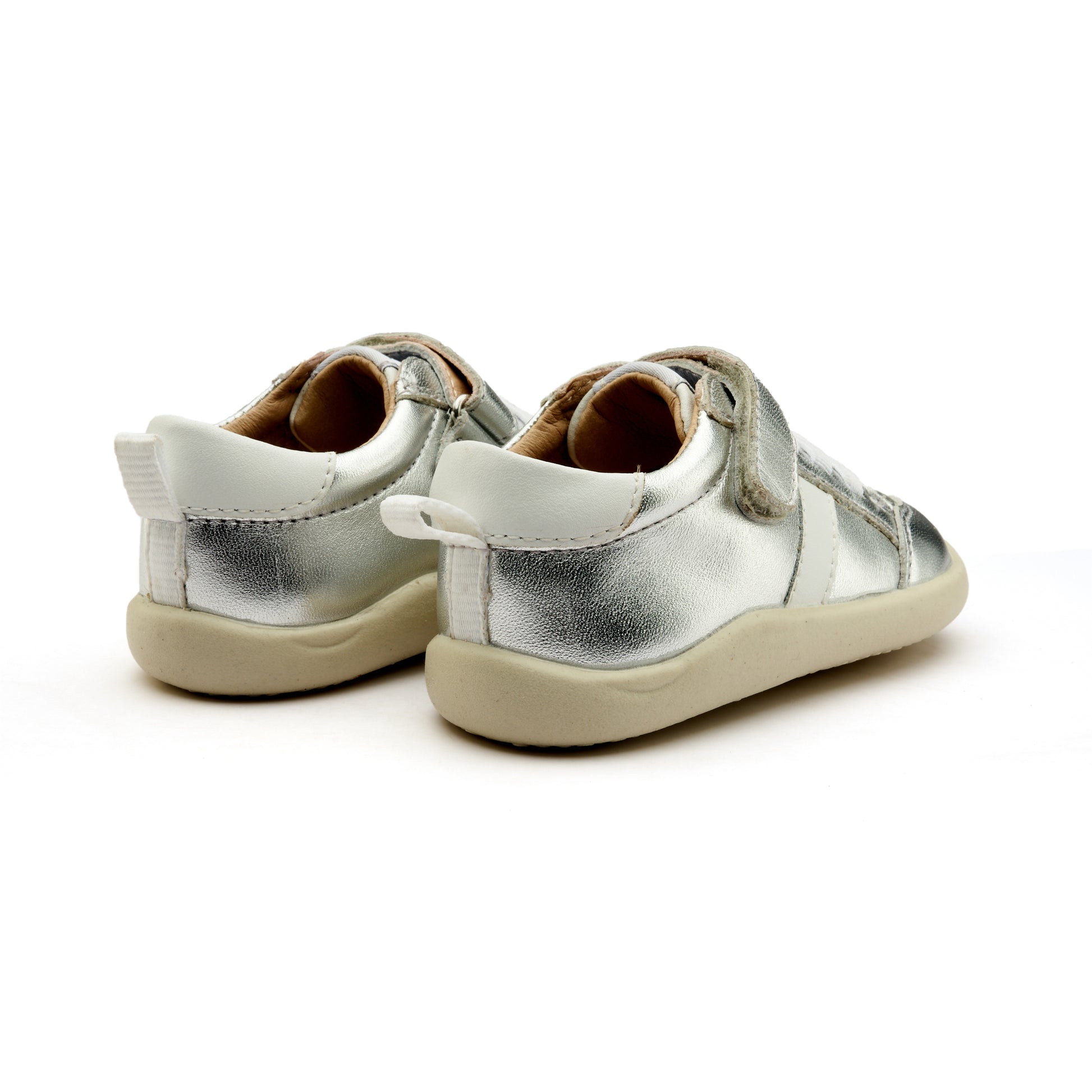 Old Soles 8083 Retro Ground kids leather shoe in Silver and Snow with rubber sole detail