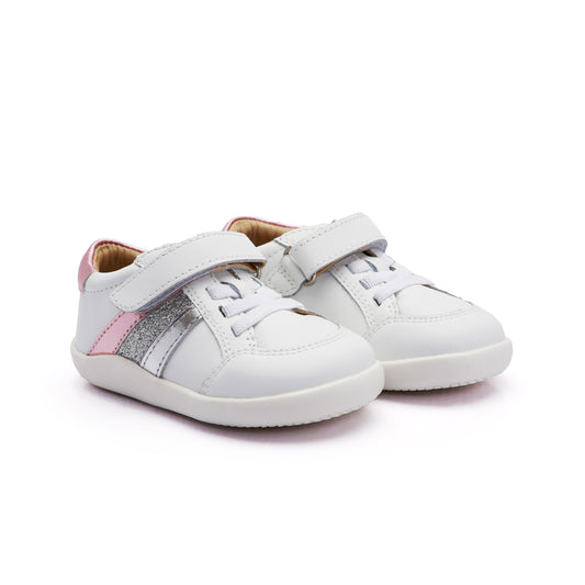 Old Soles 8085 Sun Ray Ground kids leather shoe in Snow and Pink Frost and Glam Argent and Silver with rubber sole detail