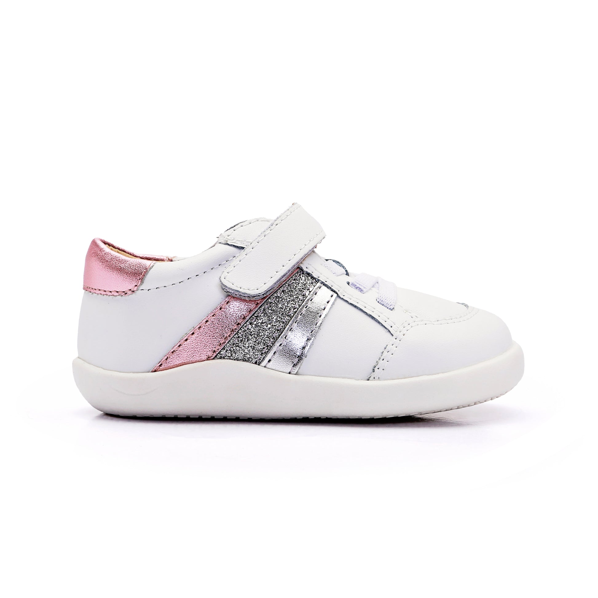 Old Soles 8085 Sun Ray Ground kids leather shoe in Snow and Pink Frost and Glam Argent and Silver with rubber sole detail
