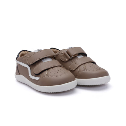 Old Soles 8086 Field Ground kids leather sneaker in Taupe, Snow, and Navy with rubber sole detail