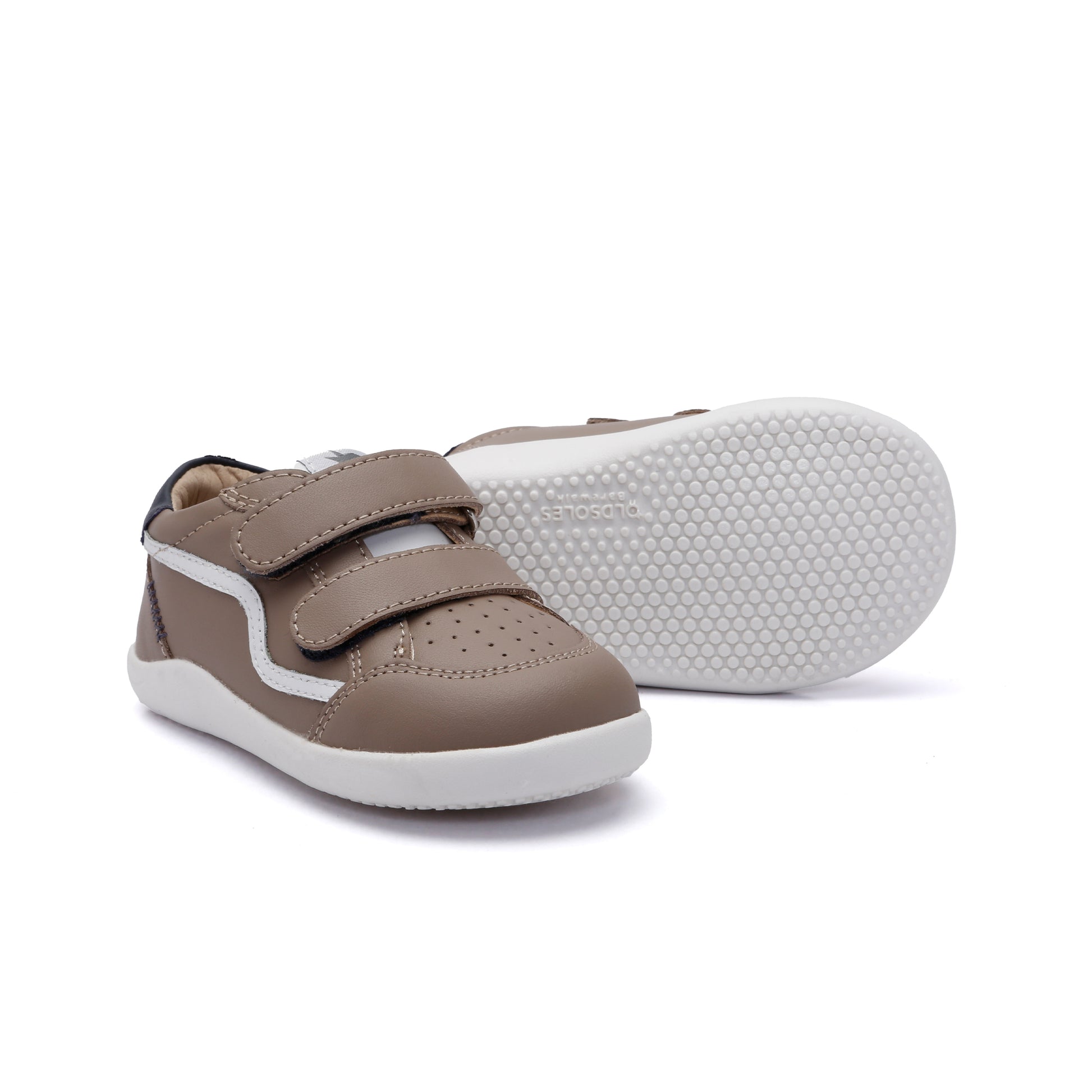 Old Soles 8086 Field Ground kids leather sneaker in Taupe, Snow, and Navy with rubber sole detail
