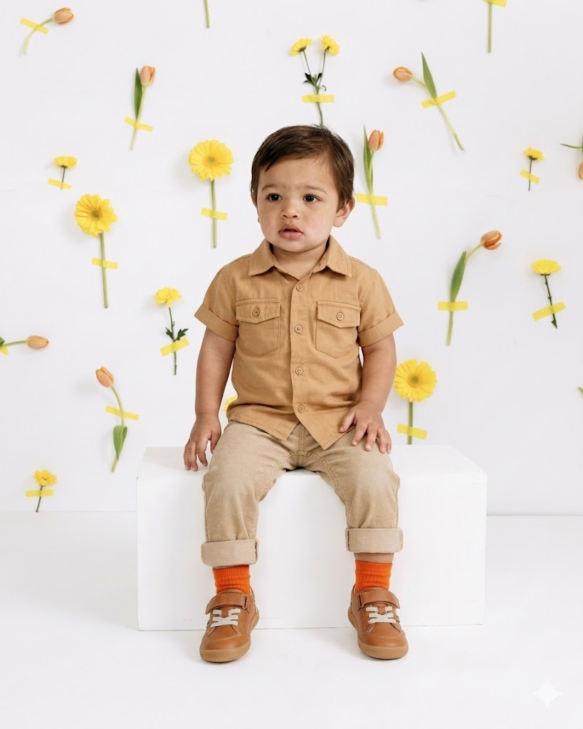 Old Soles 8089 Dash Ground kids leather shoe in Tan and Gris with rubber sole detail