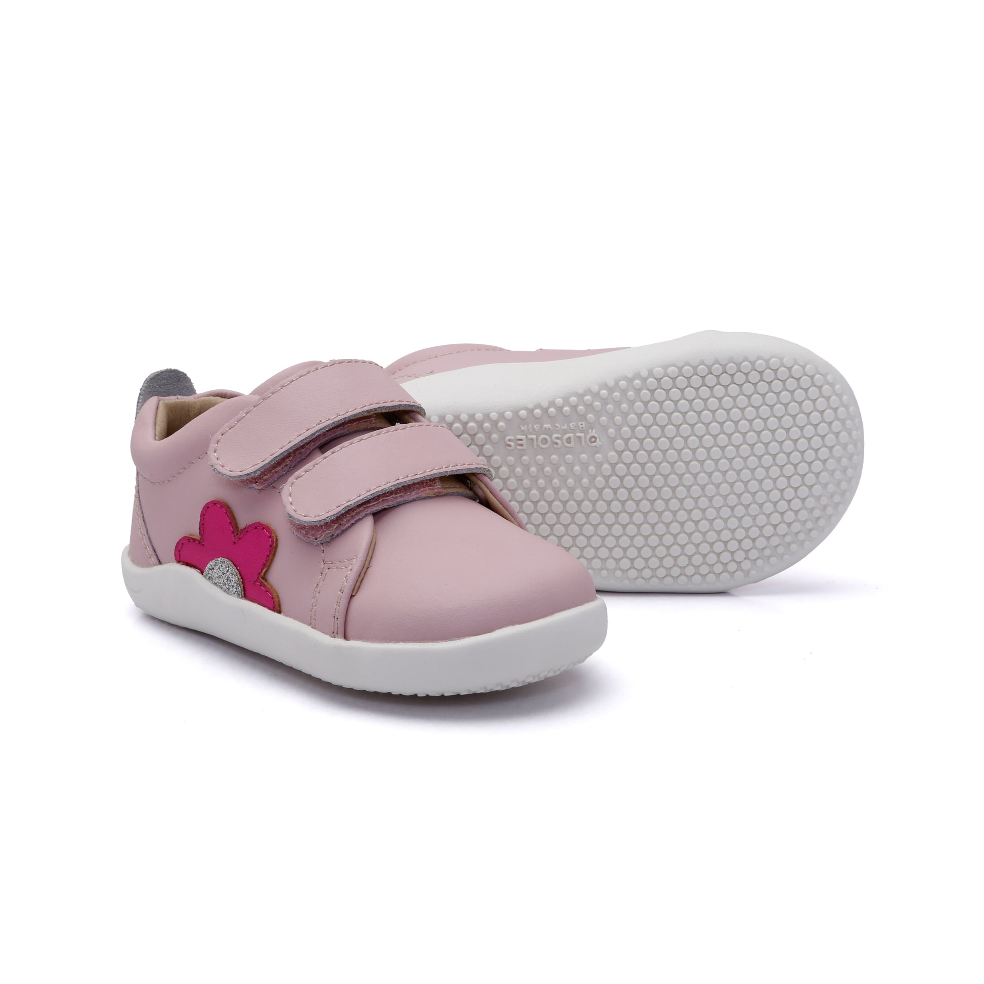 Old Soles 8106 Garden Ground kids leather shoe in Chalk Pink and Fuchsia Foli and Glam Argent with floral detail