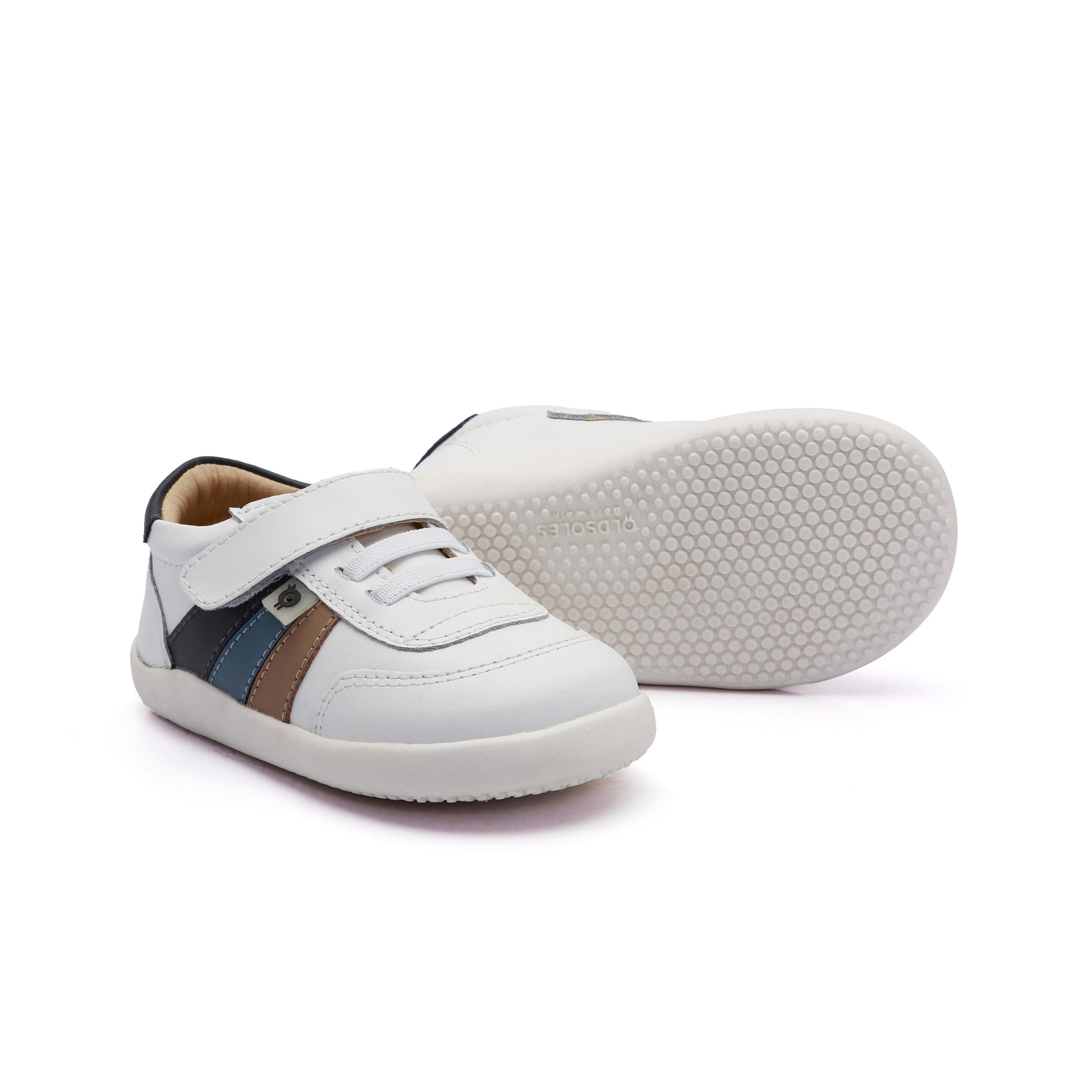 Old Soles 8110 Ray Ground kids leather shoe in Snow, Navy, Indigo, and Taupe with rubber sole detail