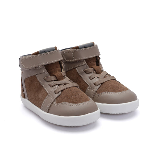Old Soles 8127 Jump Ground kids leather sneaker in Taupe, Taupe Suede, and Navy with classic detail