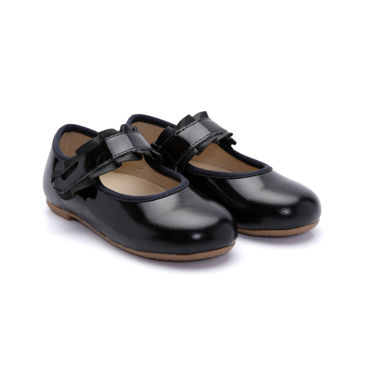 Old Soles 818 Frilly Jane kids leather shoe in Black Patent with classic detail